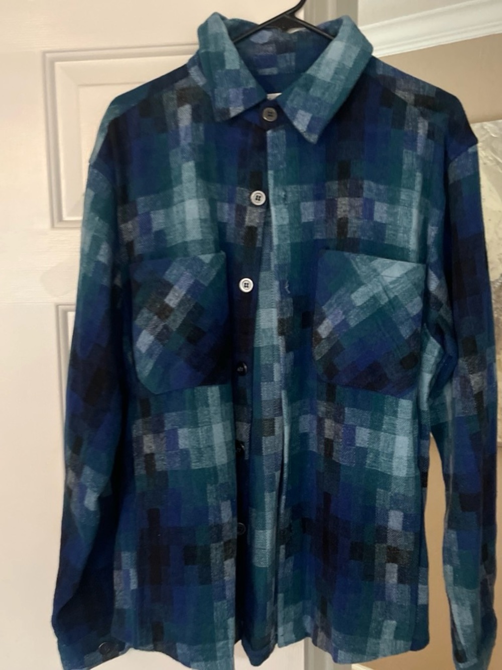 Men's Blue Plaid Button-Up Jacket Shirt